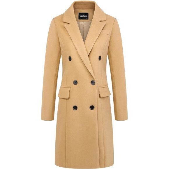Women's Notched Lapel Collar Double Breasted Coat Khaki